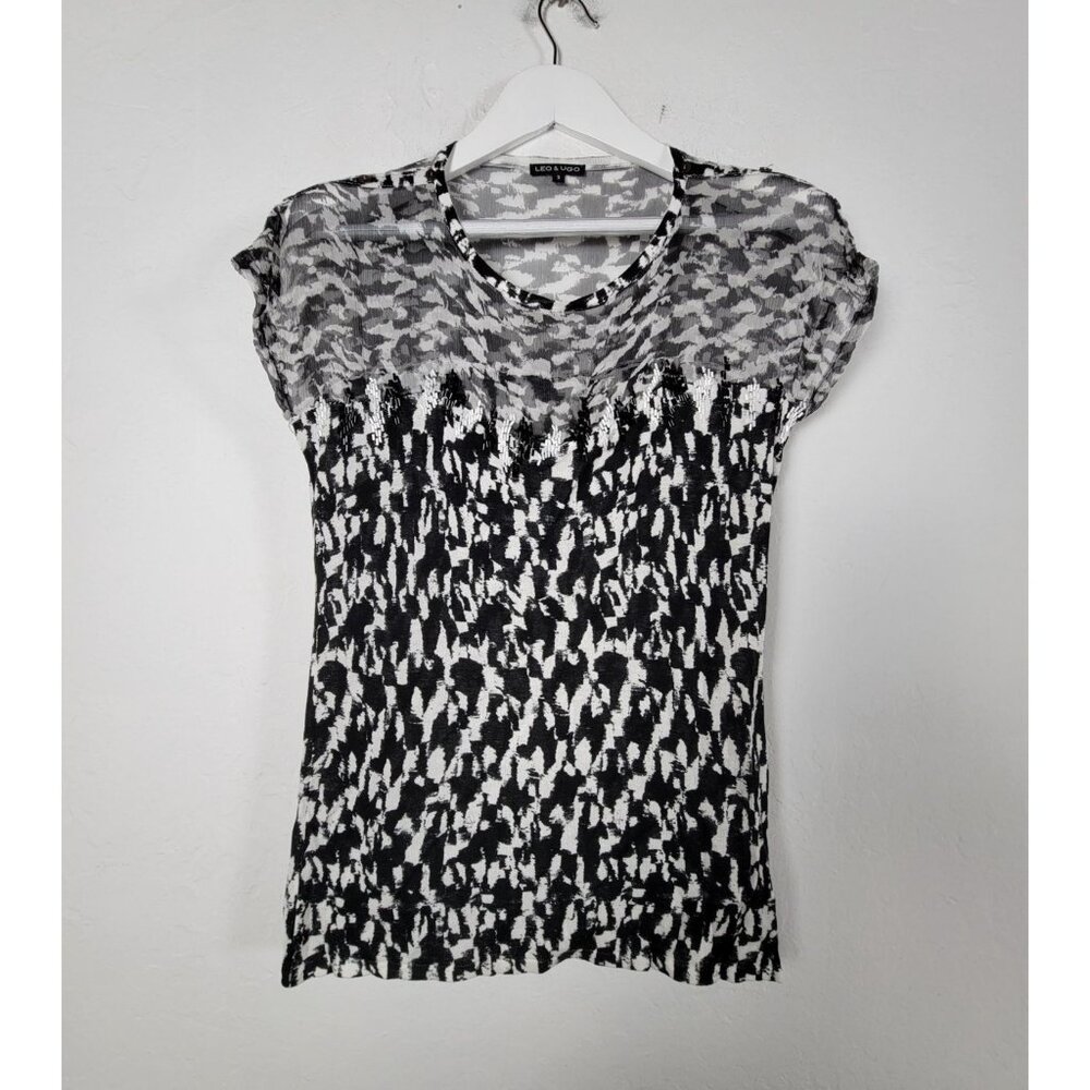 Leo & Ugo Womens Black White Abstract Short Sleeve Top Beaded Detail Size 3
